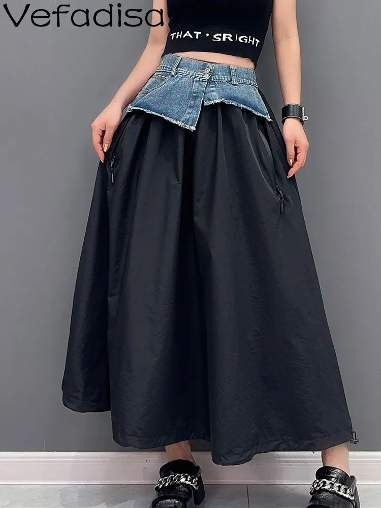 

Vefadisa 2023 Summer New Korean Fashion Casual Single Piece Denim Spliced Half Skirt Women Slim Black Skirt ZXF190B