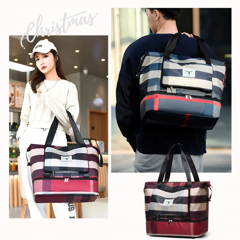 Fashion Stripe Large Capacity Travel Handbags Oxford Dry and Wet Separation Luggage Storage Bag Folding Fitness Package Handbag