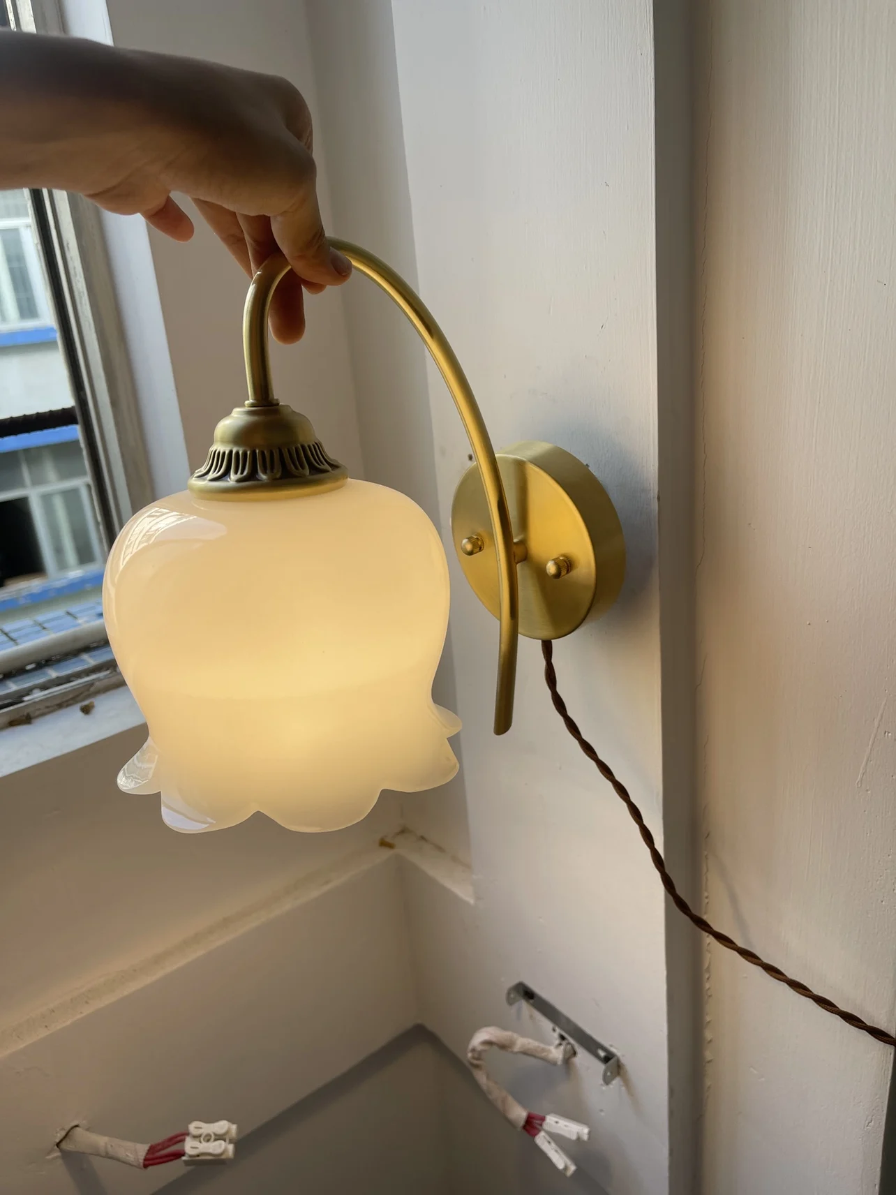 Bell Orchid Flower Cream Simple Wall Lamp Bedroom Bedside Living Room All Copper Corridor Background Decorative