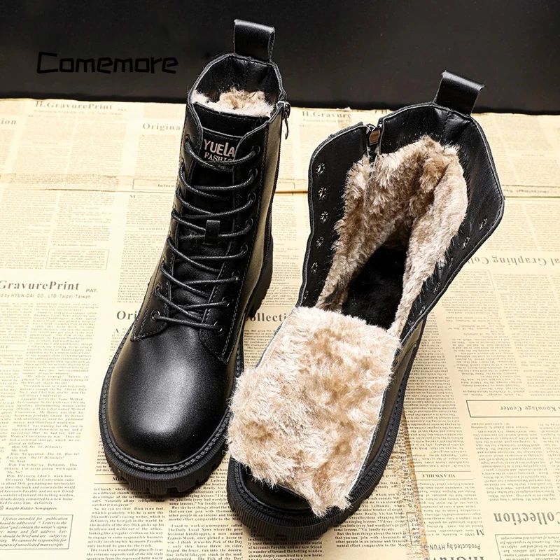 

Comemore Black Leather Boot Ankle Booties Plush Warm Platform Shoe Fashion British Style Botas Winter Furry Boots Women Shoes 40