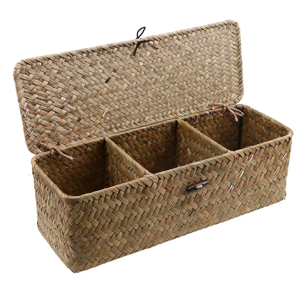 

Three Grids Straw Basket Condiments Decorative Baskets Handwoven Sundries Organizer Storage Wicker home decoration