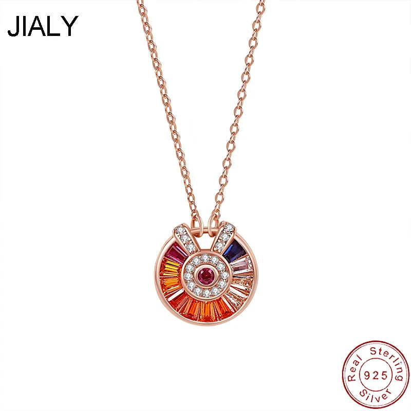 

European S925 Sterling Silver Necklace Chain AAA CZ Rainbow Circles For Women Birthday Party Gift Jewelry
