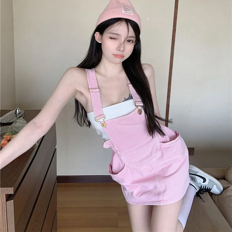 

2021 Women's Pink Summer Dress Sleeveless Sexy Backless Denim Strap Mini Dress Sweet Girl Y2k Kawaii Suspender vintage Dress
