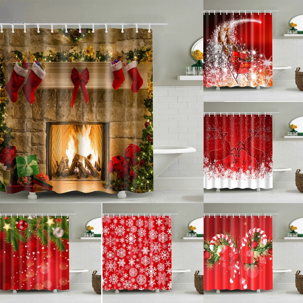 Home Decor Christmas Tree Snowman Santa Snowflake Shower Curtain Bathroom Curtain Waterproof Shower Curtain Merry Christmas