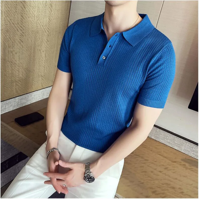 

2022 Korean Style Top Brand Knitting Polo Shirts Men Slim Fit Short Sleeve Summer Leisure Lapel Sleeve POLO Shirts Men Clothing