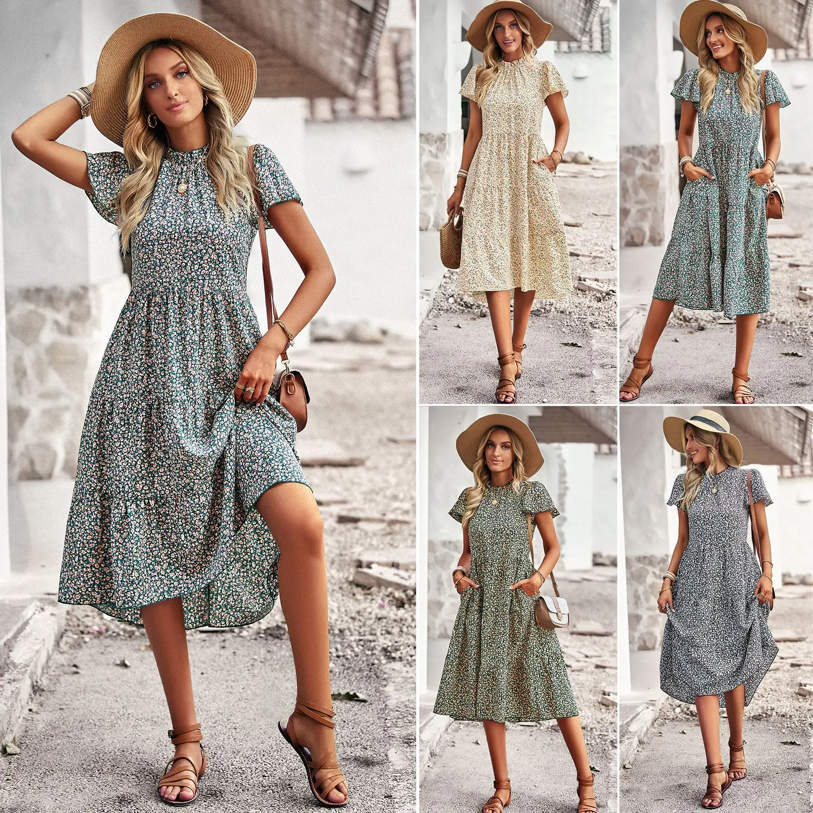 

Women Spring Summer Fashion O-neck Plant Printing Patchwork Fold Temperament Elegant Dresss Robe Dresss