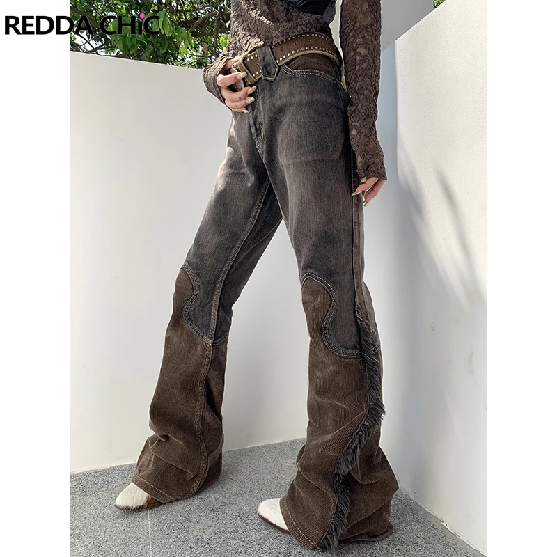REDDACHiC Wasteland Clothes Spliced Pants for Women Vintage 2000er Streetwear Flare Jeans Side Tassel Patchwork Hipster Trousers