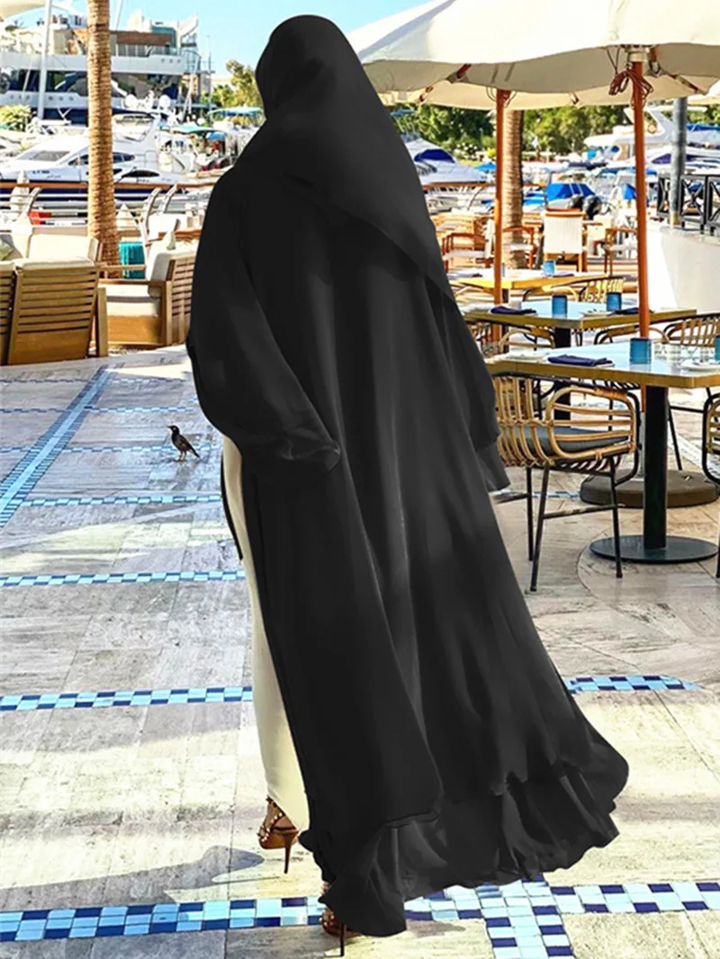 Chiffon Casual Solid Color Open Abaya for Women Muslim Loose Ethnic Style Long Robes with Belt Elegant Eid Dress Islami Clothing