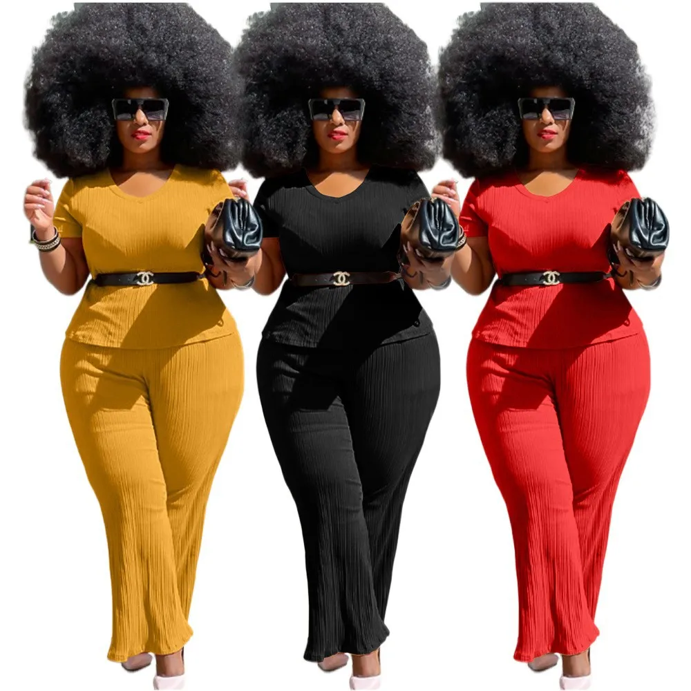 4xl Plus Size Sets For Women Solid Ruffle Shirts And Flare Pants 2022 Summer Two Piece Sets Fashion Luxury Wholesale Clothes