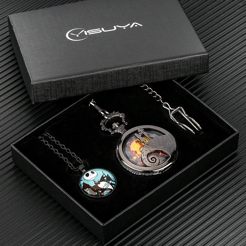 Retro Skull Punk Chain Necklace Quartz Pocket Watch Set Pendant Bronze Jewelry Gift Box Fob Necklace Watches for Men Women Kids