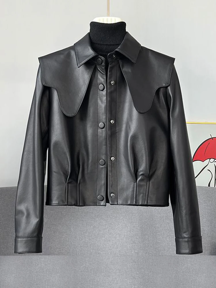 2023 autumn new short small leather jacket women navy collar high waist sheepskin jacket  coats  leather jacket enlarge