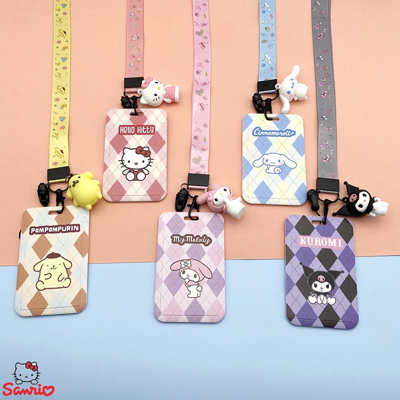 Sanrioed Card Case Lanyard Id Cards Holders Kuromi Melody Purin Kitty Cinnamoroll Bank Credit Cards Cover Neck Straps Keychains