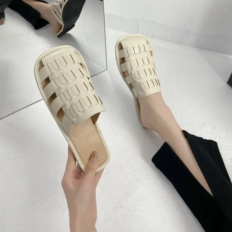 

Cover Toe Female Shoes Low Womens Slippers Outdoor Slides Fretwork Heels Fashion 2022 Flat Luxury Summer Rubber PU Fabric Basic