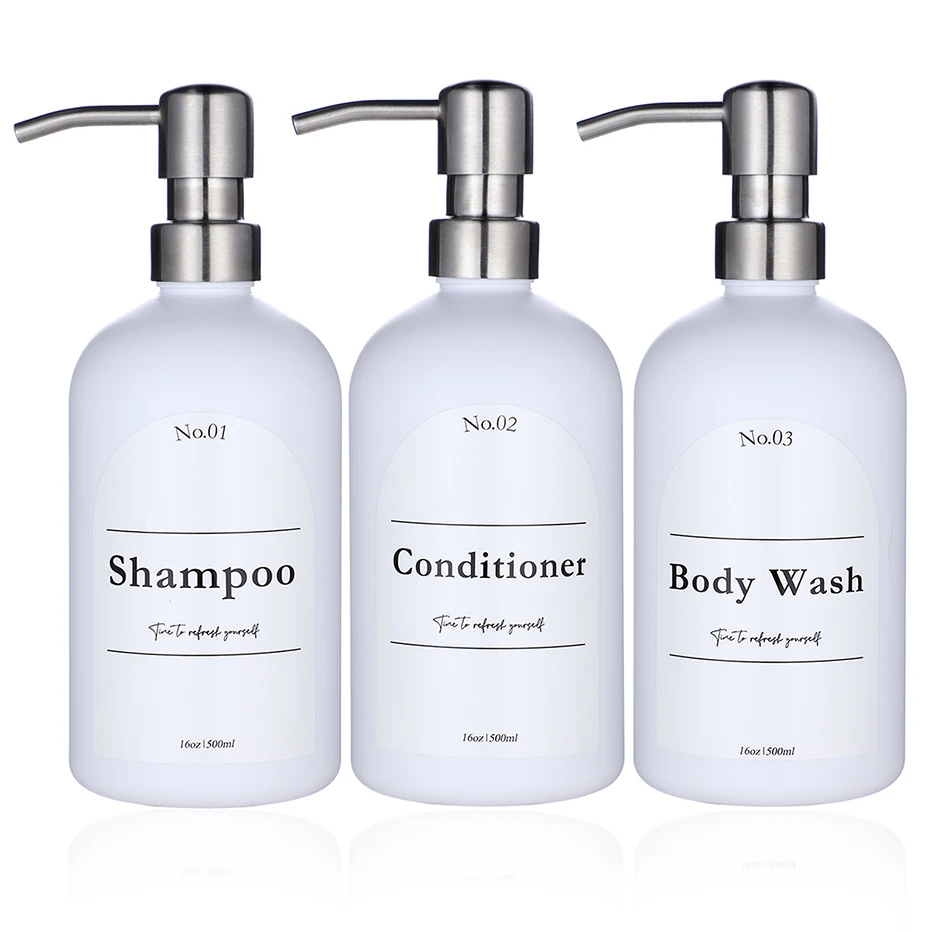 

Набор из 3 белых пластиковых многоразовых бутылок с насосами из нержавеющей стали