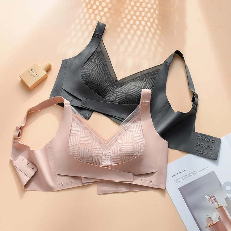 Asha&Vicki New Tea Polyphenols Seamless Underwear Front & Rear Breasted Correction Gathered Up Support Lace French Women Bra