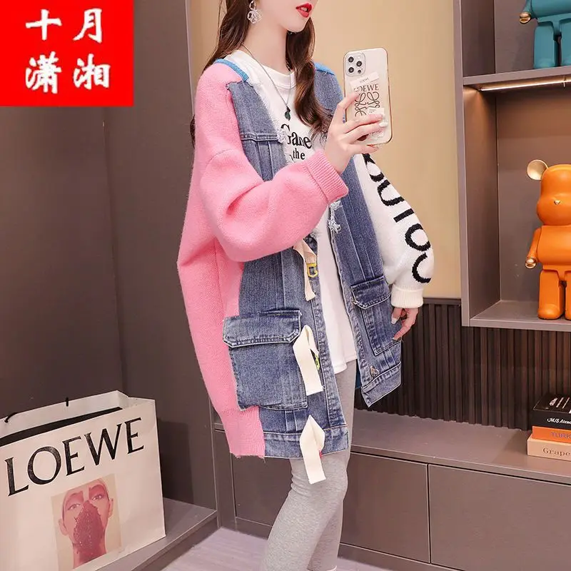 Large size heavy industry denim stitching ladies sweater 2022 new autumn long loose kawaii lazy wind top coat girl aesthetic