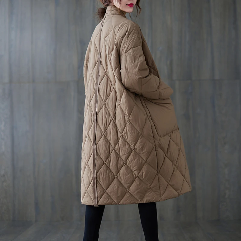 Mid-length Large Pocket Padded Jacket Women 2021 Autumn and Winter Retro Literature and Art Loose Stand-up Collar Padded Jacket