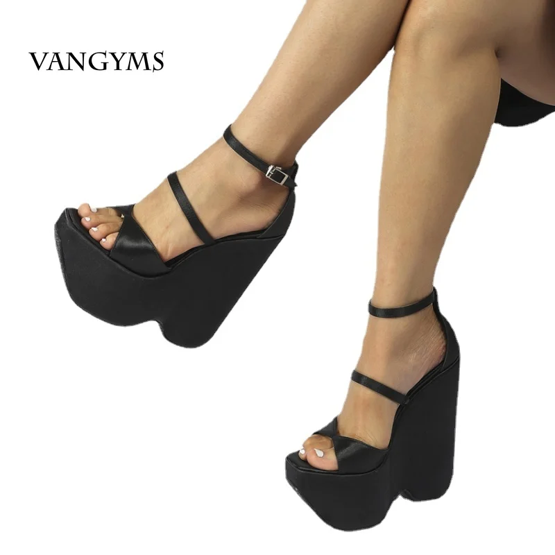 

VANGYMS New Design Silk Night Party Platform Open Toe Sandals Fashion Summer Ladies Super Wedge High Heel Buckle Strap Shoes