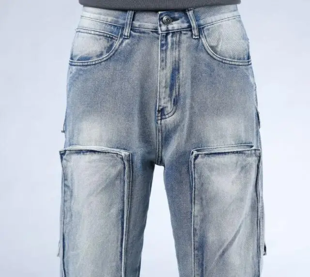 Men Skateboard Jeans Hip-Hop Jeans Loose Denim Pants Men Jeans Large Patch Pockets Denim Pants Size 28-46