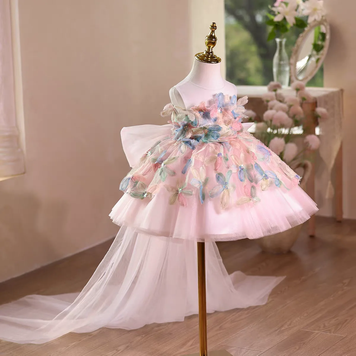 Фото Dreamy Vow D113, элегантное розовое платье для маленьких девочек, тюлевое платье без рукавов с цветочным принтом, детское праздничное платье для выпускного вечера длиной до колена на день рождения №2
