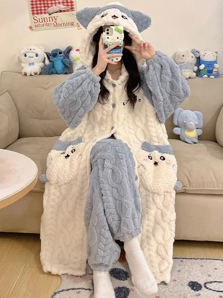 Coral Fleece Pajamas Autumn and Winter Women Thickened Cartoon Cute Hood Long sleeve Nightgown Flannel Home Wear Set