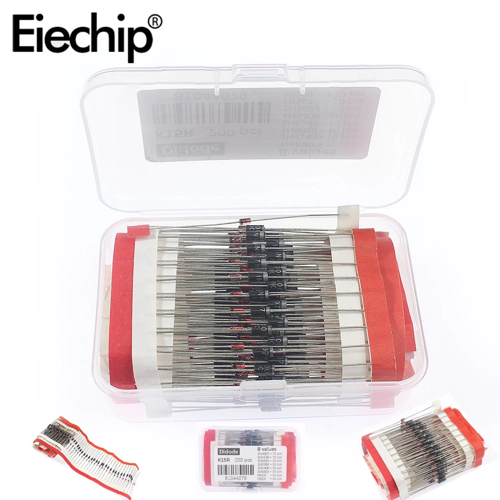 

200PCS Diode Kit Schottky Diodes 8 Values 1n4007 1n4148 1n5408 1n5819 1n5822 1n5399 Rectifier Diode Kit with Box