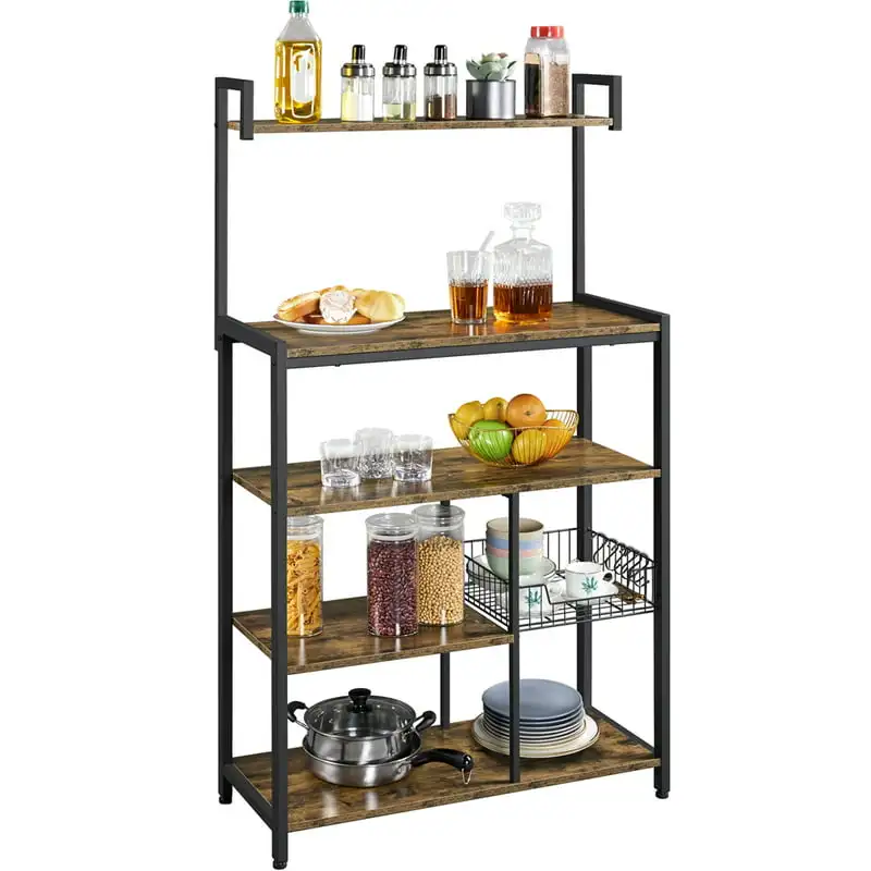 

Industrial Baker's Rack with Storage Shelf & 6 Hooks For Kitchen, Rustic Brown