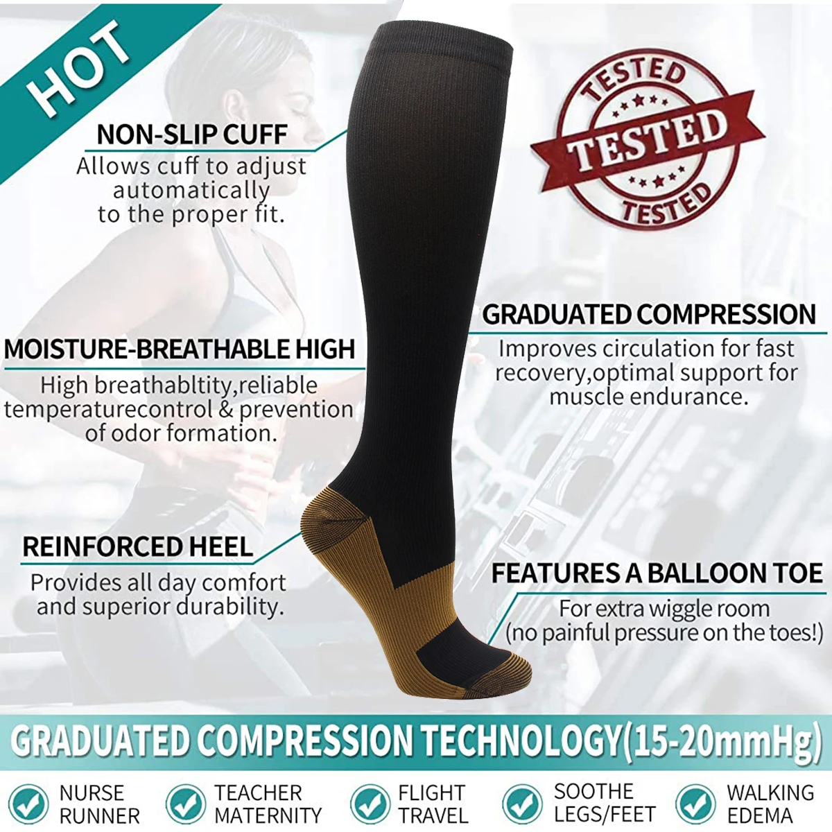 Compression Stockings Blood Circulation Promotion Slimming Compression Socks Anti-Fatigue Solid Black Color Men and Women Socks