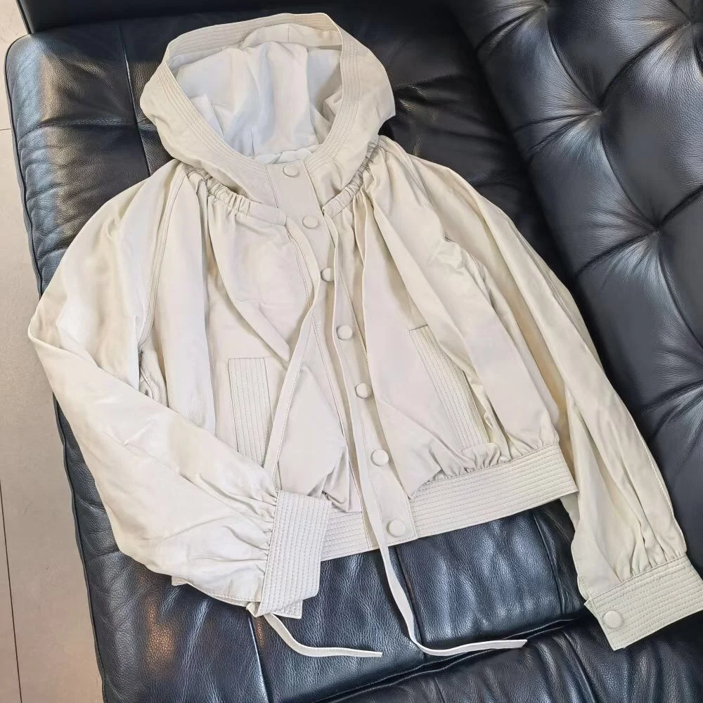 Женское повседневное кожаное пальто из овечьей кожи с коротким капюшоном