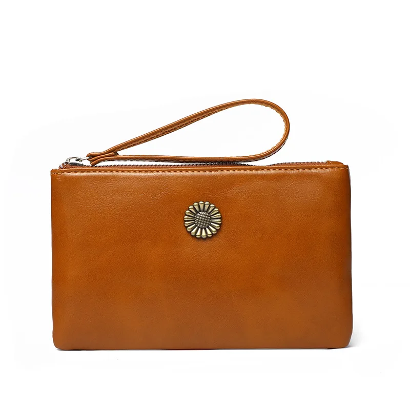 

Retro Oil Wax Leather Mobile Phone Bag Wallet Solid Color Women's Handbag Little Daisy Clutch Purse Vintage Texture Niche Design