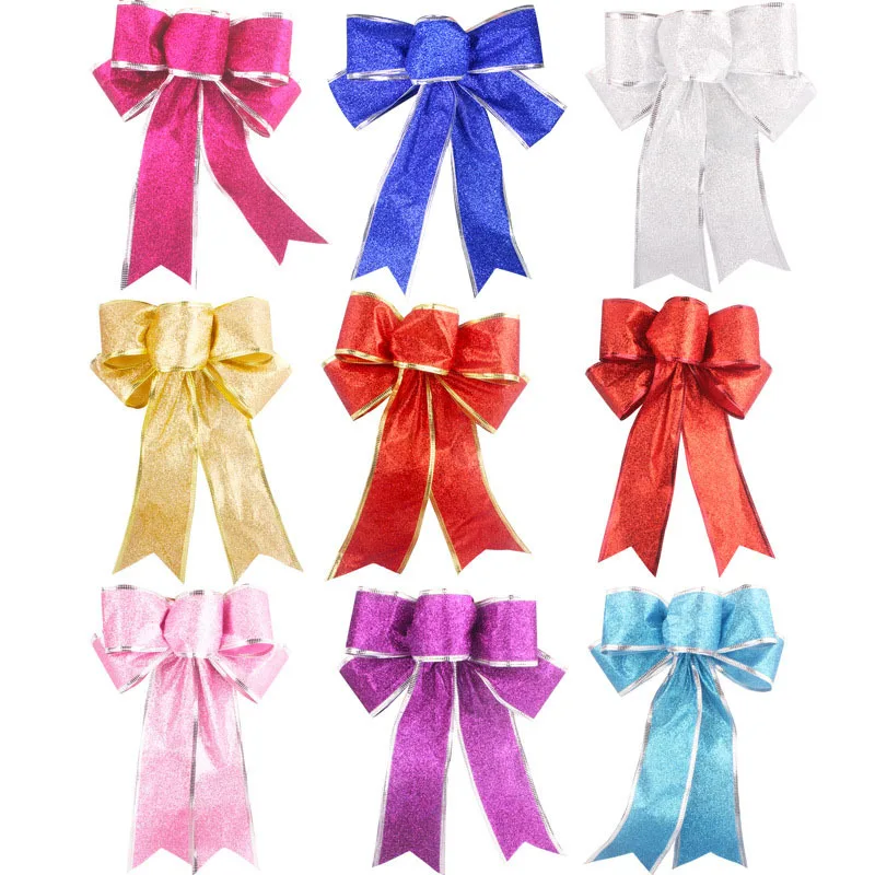 

25CM Christmas Bows Gold Silver Glitter Bows For Crafts Nine Colors Christmas Ribbon Bowknot Christmas Tree Ornaments