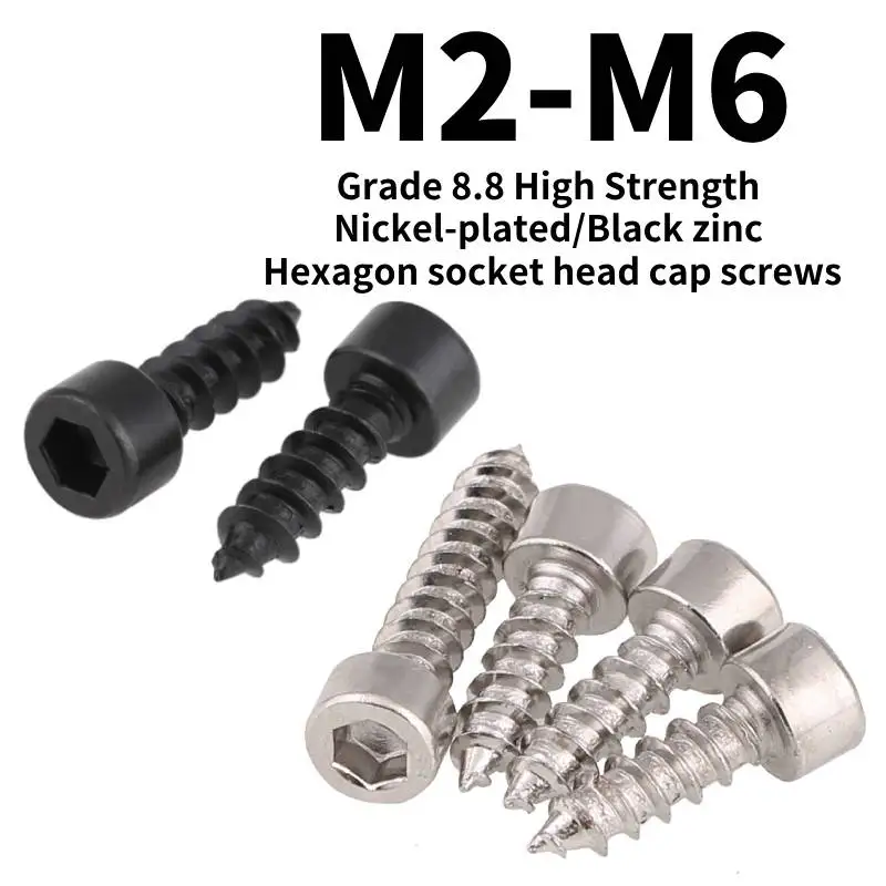 

20/10/5/2pcs Nickel-plated/Black Zinc 8.8 Grade High Strengthplated Socket Cap Screw Hex Head Selftapping Hexagon Screw L=5-60mm
