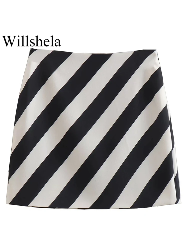 

Willshela Women Fashion Striped Side Zipper Mini Skirts Vintage High Waist Female Chic Lady Short Skirts