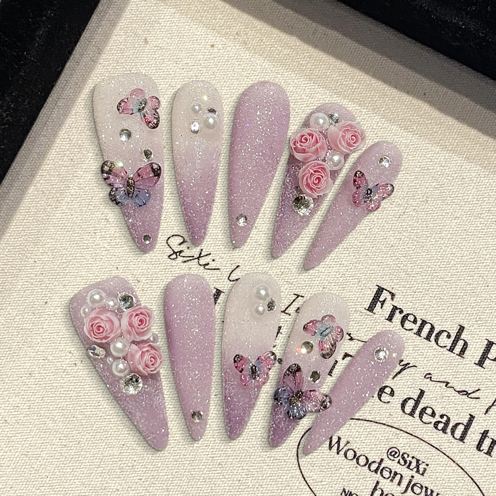 10 шт. длинные накладные ногти ручной работы на шпильке блестящие фиолетовые розы