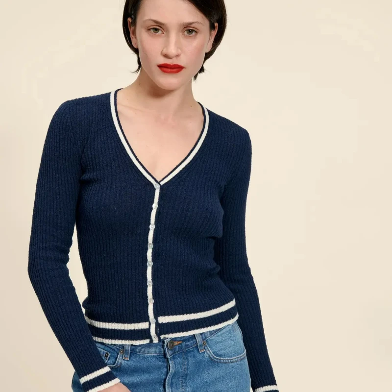 

2023 Spring and Summer New Product Coat Contrasting Color Edge Stretch Rib V-neck Shell Button Ladies Knitted Cardigan