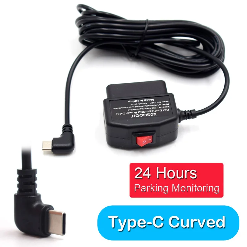 

Видеокамера для видеорегистратора, автомобильный видеорегистратор, 24 часа, автомобильный зарядный кабель, жесткий провод OBD, мини-порт Micro Type-C, 5 В, 3 А, 3,5 метра с переключателем