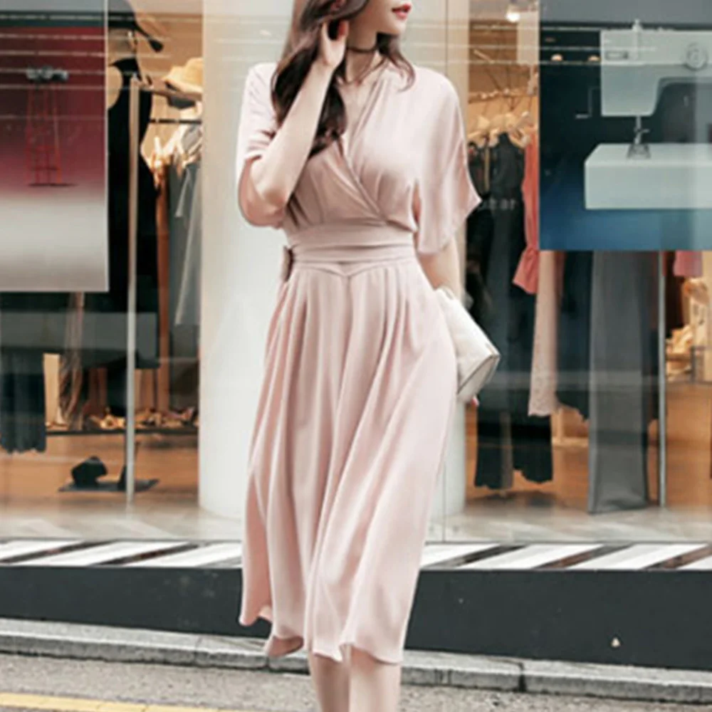 

Elegant Women's Dress Mid-Calf V-Neck Lace-Up Half Sleeve Pullover Plain A-Line Korean Fashion New Summer Ladies Maxi Dress