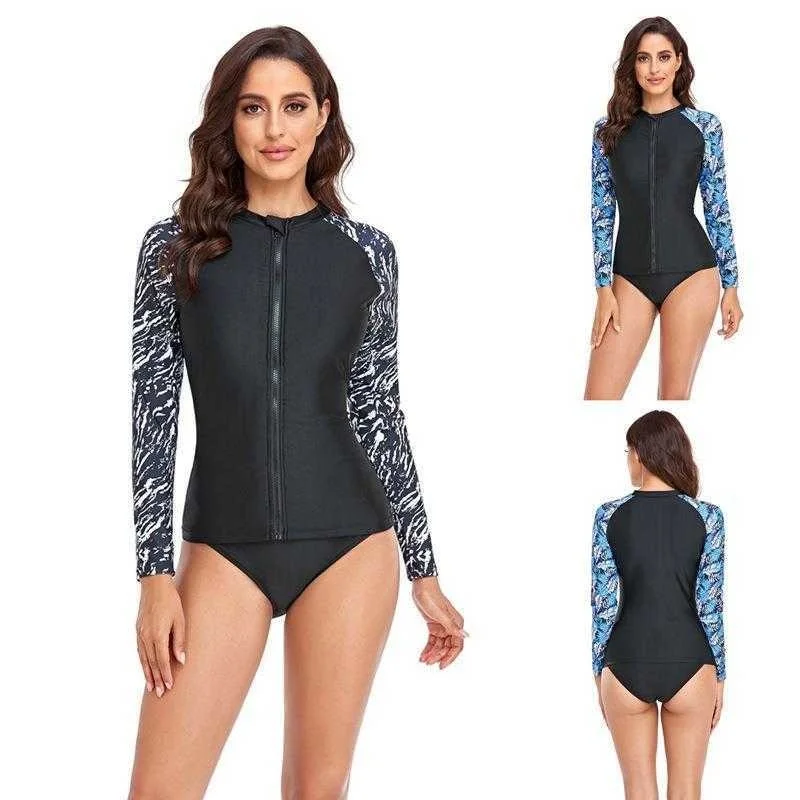 

Костюм для серфинга раздельный купальник с длинным рукавом на молнии с разноцветным треугольным принтом