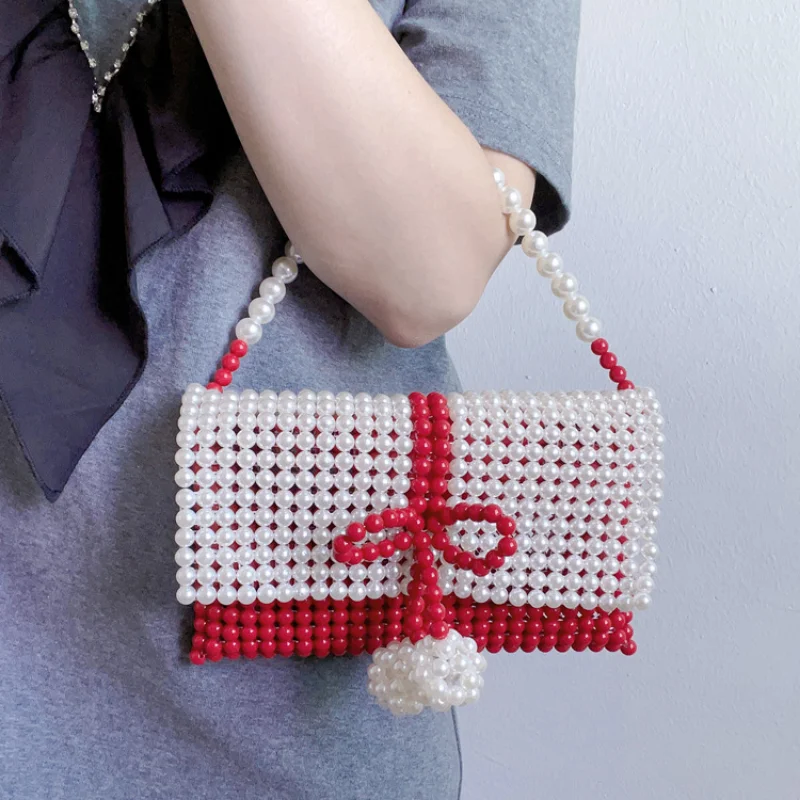 2022 New Red and White Hand-woven Beaded Pearl Bag Girls New Handbag Purse Women Evening Bag Wedding Party Clutches Sac A Main