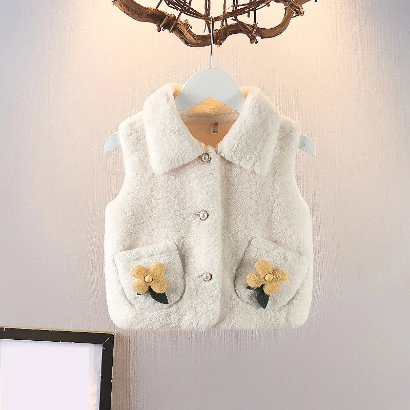 

Осенняя Новинка, детская одежда для девочек, розовый жилет с цветами, куртки, повседневное плюшевое пальто с отложным воротником для девоче...