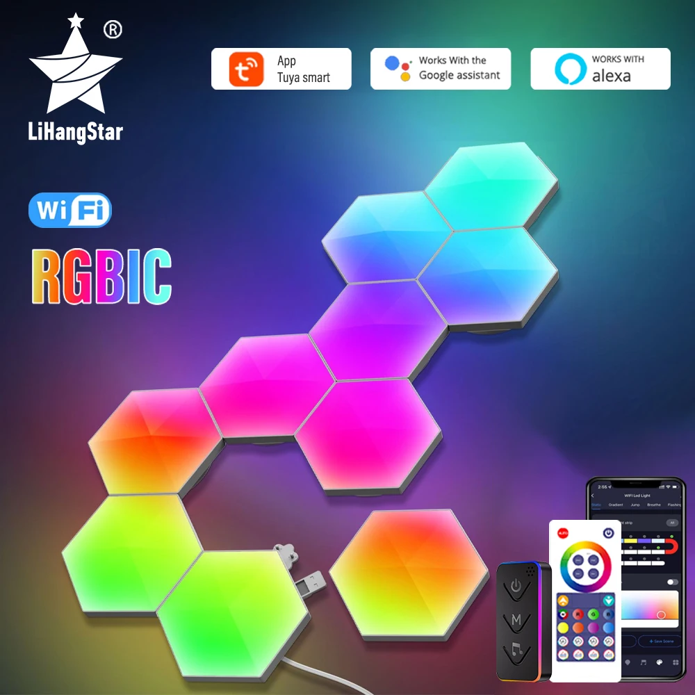 RGBIC Smart Light Board Hexagonal Lamp Indoor Atmosphere Wall Lamp Voice Control APP Night Light Game Room Bedroom Decoration