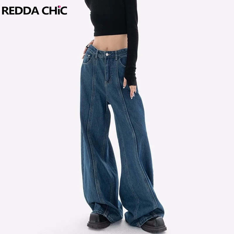 

REDDACHiC Midline Seam Detailed Blue Baggy Jeans Women Pants High Waist Wide Leg Loose Trousers Casual Plain Vintage Streetwear