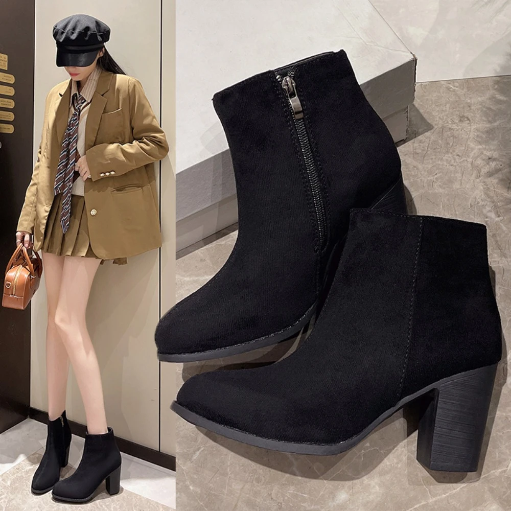 Женские короткие сапоги на высоком каблуке модная обувь с острым носком