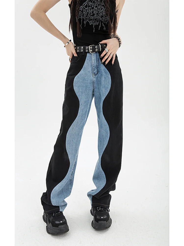 

2022 Autumn Women Jeans Contrast Color Straight Jeans Street Mom Pants High Waist Design Patchwork Wide-leg Demin Y2k Baggy Pant