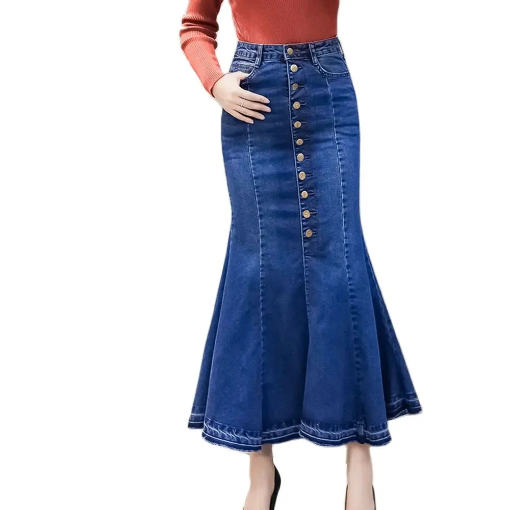 

2022 New Women Stretch Denim Skirts Umbrella Pattern Dress Elastic Light Ripe Long Ankle Length Fishtail Skirt For Summer Spring