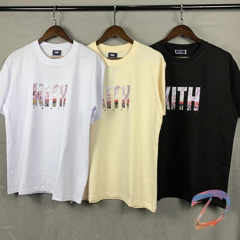 

Футболка 2022ss KITH с коротким рукавом для мужчин и женщин, тенниска из хлопка с принтом розового цветка вишни, майка с кайтом, одежда для мужчин,...