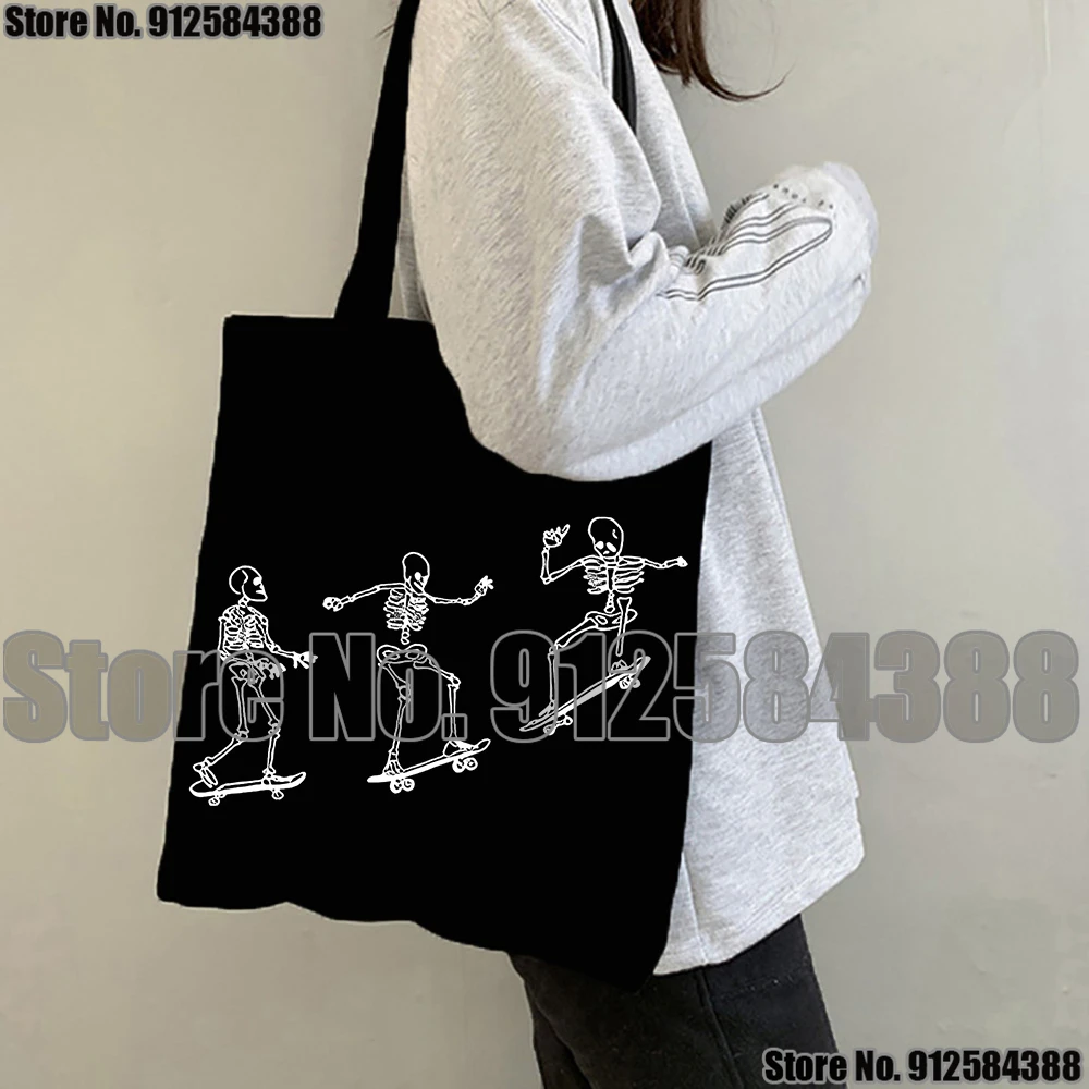 

Skeleton On Skateboard Canvas Bag Casual Harajuku Fashion Large-capacity Shopper Bag Female Bag Cartoon Fun Women Shoulder Bags