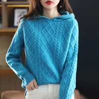 2022 autumn and winter new 100 pure wool hooded pullover sweater womens knitted korean version loose casual solid color top