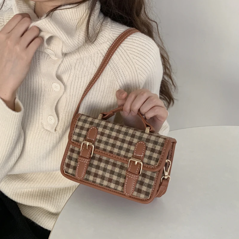 

Винтажные женские сумки-мессенджеры из шерстяной ткани, ретро клетчатая Дамская маленькая квадратная сумка на плечо, женский кошелек, сумк...