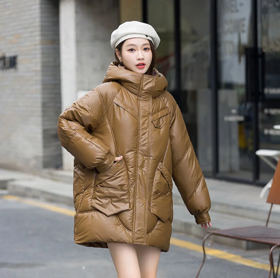 

Beardon 2022 New Women's Winter Coat Glossy Loose Middle Long Fashion Hooded Windproof Women's Versatile Down Cotton Coat